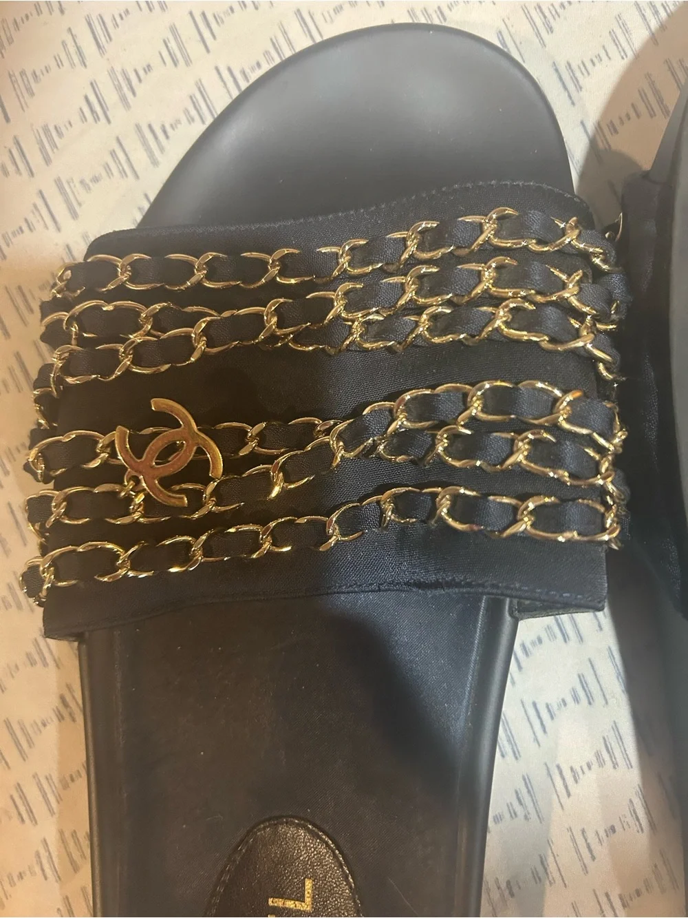 CHANEL Black Slides with Gold Chain Straps